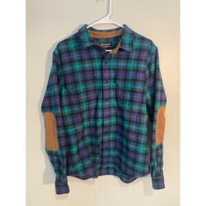 Lucky Brand Shirt Mens Medium Blue Green Plaid Flannel Elbow Patch Button Down
